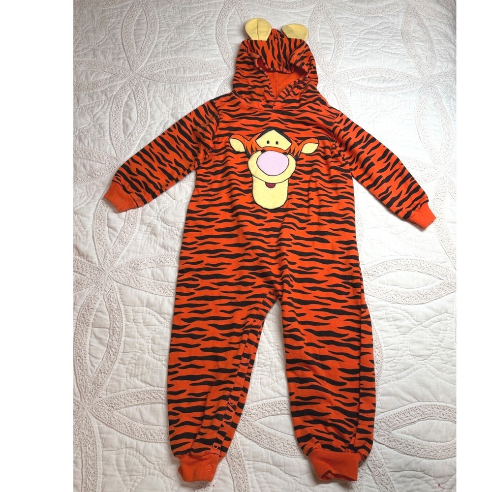 Vintage Y2K Disney Pooh Tigger One Piece Jumpsuit Toddler 3T Orange Black Hooded